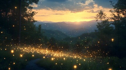Synchronized fireflies illuminate smoky mountain trail during twilight hours in the great outdoors