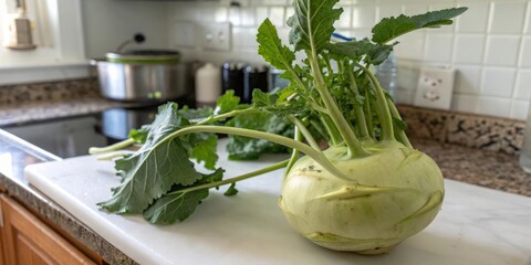 Harvesting fresh kohlrabi bulb with leafy greens on kitchen counter culinary delight home cooking indoor setting natural freshness