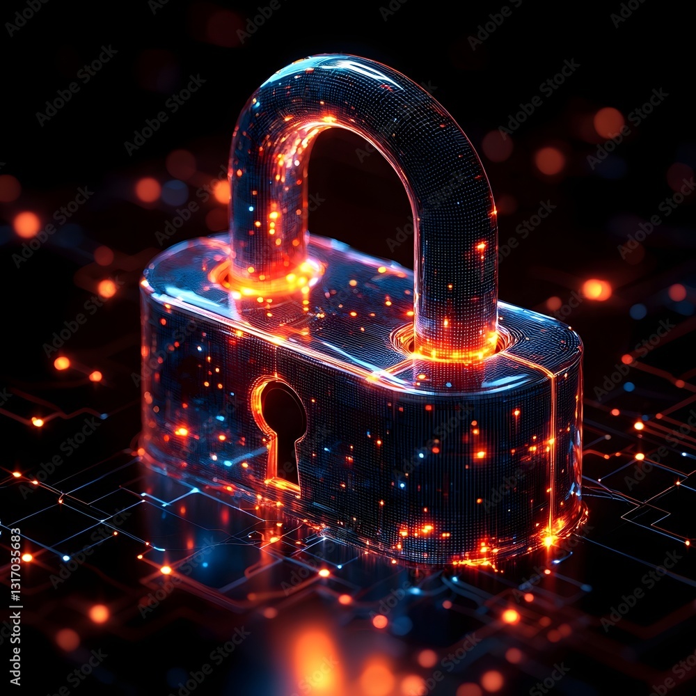 Poster glowing minimalist padlock icon surrounded by geometric patterns symbolizing reliable digital securi