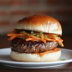 Juicy Beef Burger with Carrot and Green Onion Topping and Bun