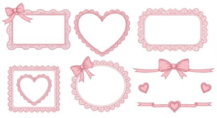 Delicate pink frames, vintage border designs, heart shapes, bow decorations, romantic stationery elements, hand-drawn style, pastel color palette, scrapbook