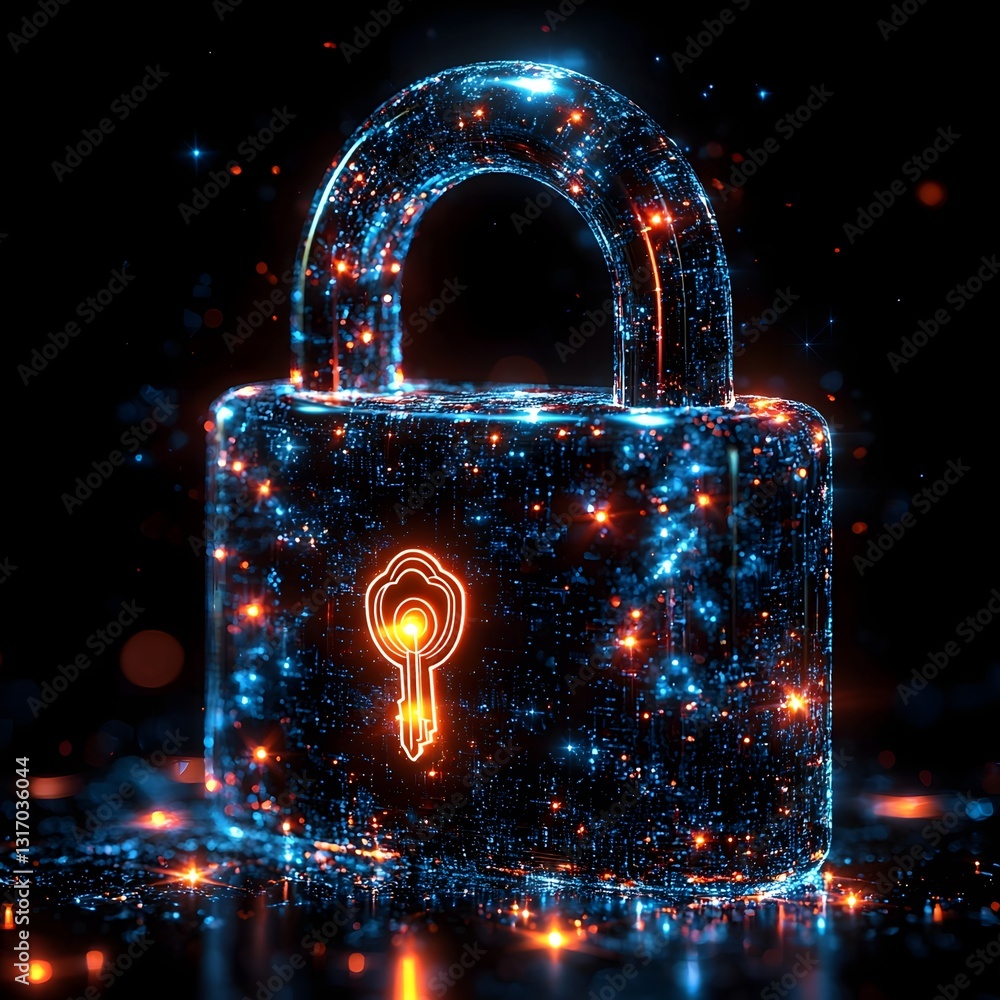 Poster glowing padlock icon with digital holograms projecting security symbols