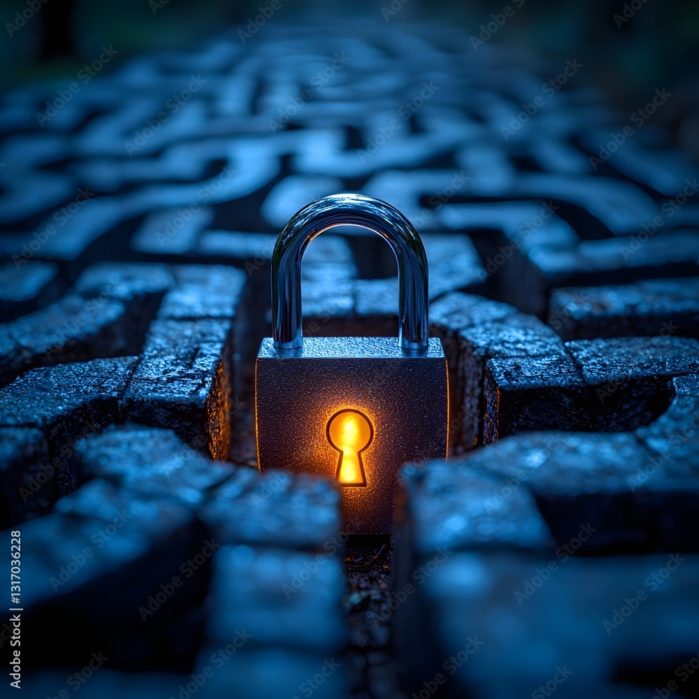 Poster the glowing padlock icon at the center of a mysterious maze symbolizing the challenge of unlocking s