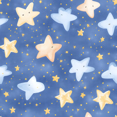 Seamless starry night pattern featuring tiny twinkling golden stars on a soft navy-blue background