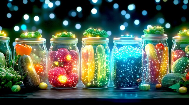 Colorful jars filled with vibrant preserved vegetables.