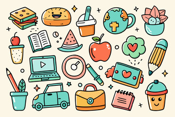 A set of cute hand-drawn doodle icons in a playful and sketchy style, perfect for stickers, digital designs, and branding. Created with generative AI