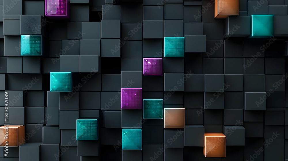 Poster 3d render of colorful cubes on dark background