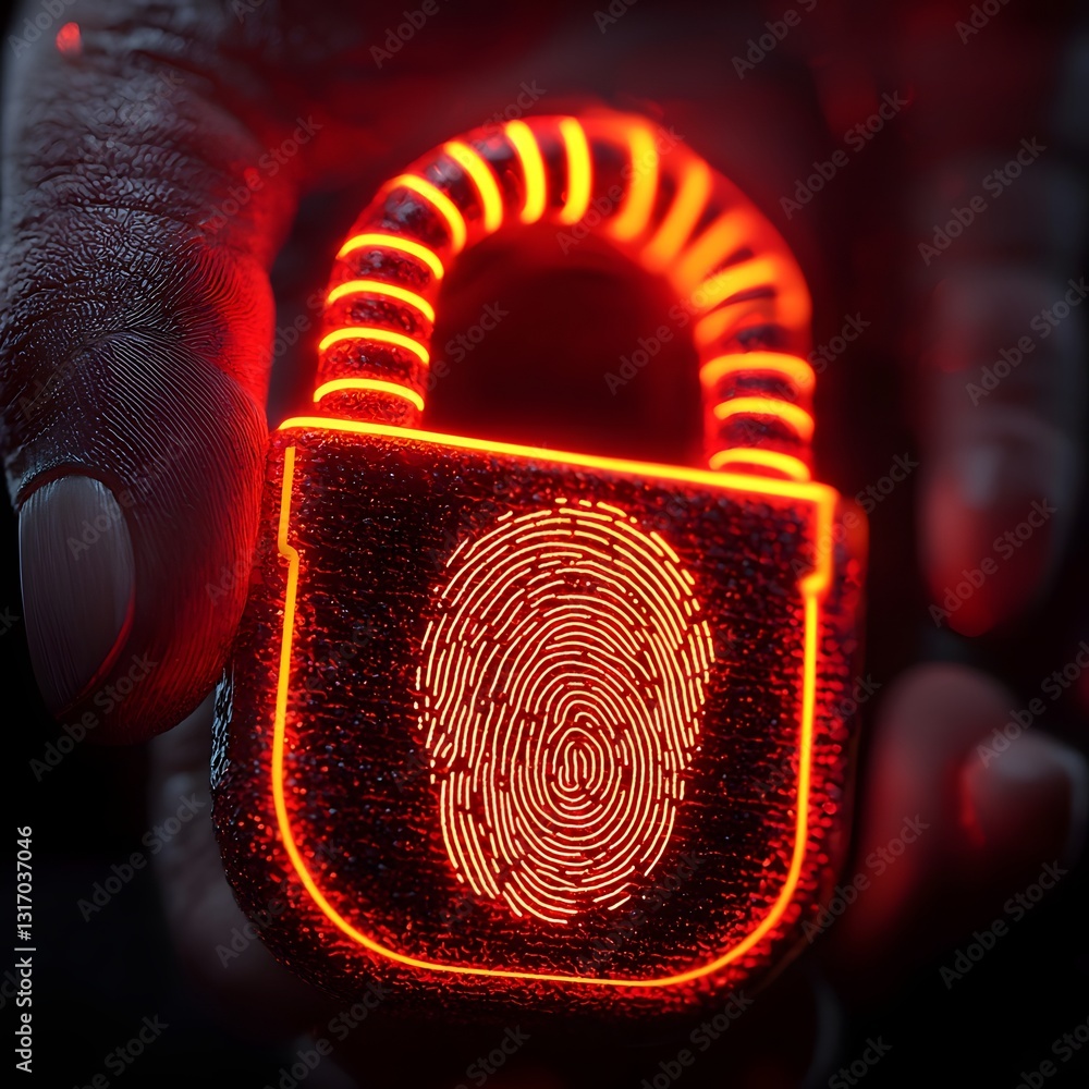Poster glowing biometric padlock icon with integrated fingerprint design for secure digital access