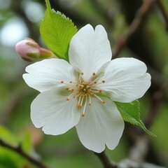 Obraz premium Close up of a delicate white cherry blossom with green leaves and a pink bud in soft focus background