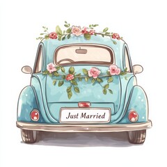 Vintage Charm: Watercolor Just Married Car with Floral Adornments, Perfect for Wedding Celebrations 