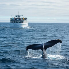 Naklejka premium Whale's Tail Salutes Sightseeing Boat: A Majestic Humpback Shows Off for Onlookers in the Deep Blue Ocean.