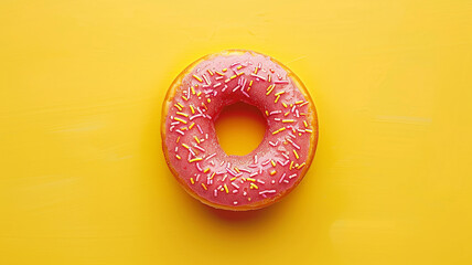 Pink Frosted Donut with Sprinkles on Vibrant Yellow Background – Top View