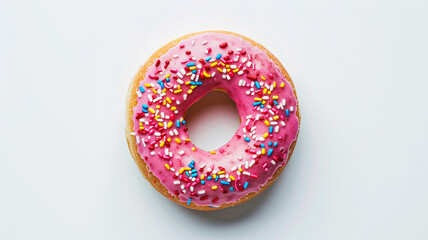 Pink Frosted Donut with Sprinkles on a White Background, Top View