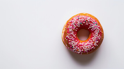 Pink Frosted Donut with Sprinkles on a White Background, Top View