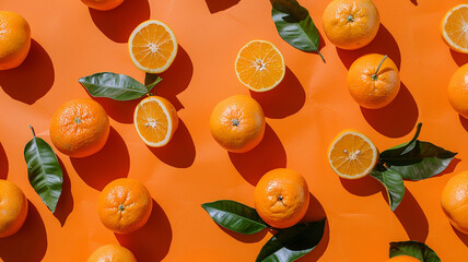Flat Lay Composition of Fresh Oranges and Green Leaves on Vibrant Orange Background