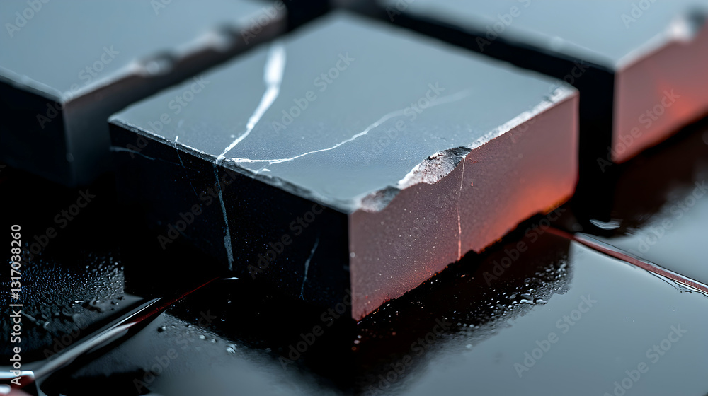 Poster close up view of textured cubes with cracks and wet surface