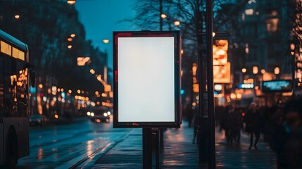 Blank advertising poster stands on a city street near a bus stop during a rainy evening