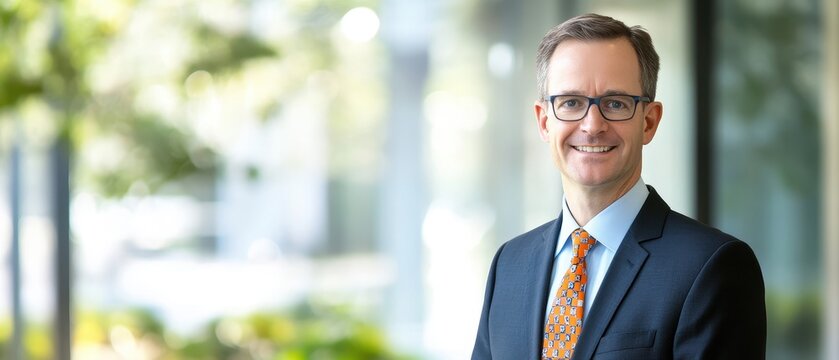 Professional Smiling Man in Suit with Glassy Modern Office Background