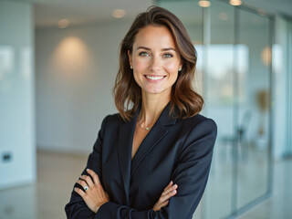 A portrait headshot photo of a professional CEO executive business worker: A professional woman smiling in a corporate setting.