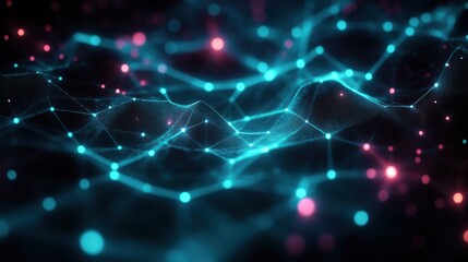 Obraz premium Cyber Big Data Flow Particles Bokeh. Digital Neural Network. Concept of AI Artificial Intelligence Technology Machine Deep Learning. Digital Communication. Science Technology Presentation