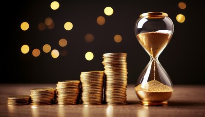 Time is Money: A conceptual image that visually represents the correlation between time and monetary growth, featuring a golden hourglass next to stacks of coins