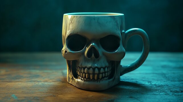 A skull mug sits on a wooden table