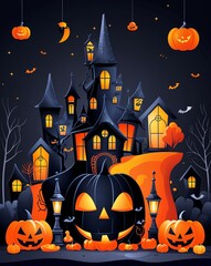 Fototapeta premium black theme Halloween party celebration card invitation plain modern flat illustration background with copy space backdrop