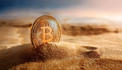 Bitcoin Amidst Sands: A solitary Bitcoin coin stands upright, half-buried in the textured sand dunes, the warm light enhancing the image and representing the world of cryptocurrency