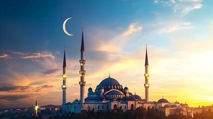 Fototapeta premium Majestic Mosque At Sunset With Crescent Moon In The Sky Showing Islamic Architecture And Culture