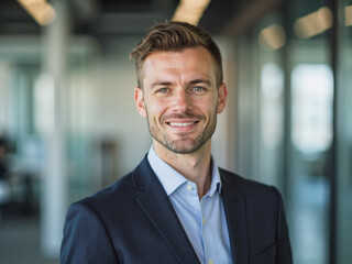 Fototapeta premium A portrait headshot photo of a professional CEO executive business worker: A man in a suit smiling with a serious expression.