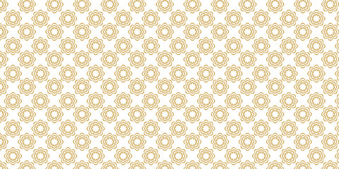 Golden vector floral seamless pattern. Abstract luxury geometric ornamental texture with small flower silhouettes. Gold and white simple ornament in oriental style.