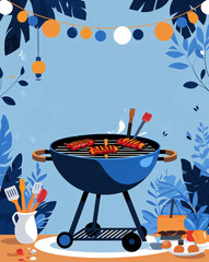 blue theme Barbeque BBQ party poster invitation plain modern flat illustration background with copy space backdrop