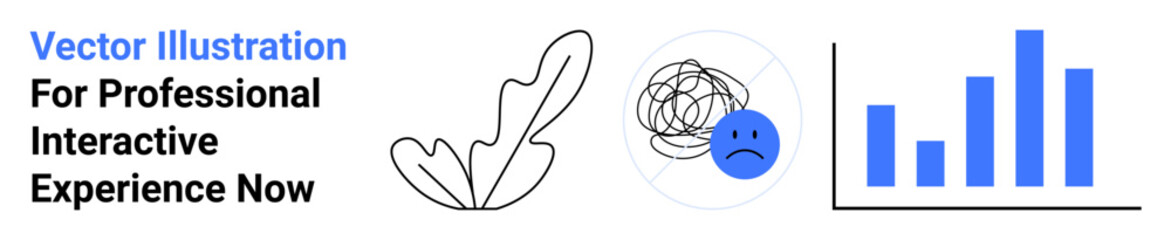 Leaf outline, sad face with tangled scribbles, and bar chart showcasing emotion, growth, and analytics concepts. Ideal for data, mental health, progress business growth emotions strategy. Flat