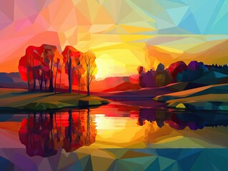 Autumnal Landscape with Trees and Lake at Sunset