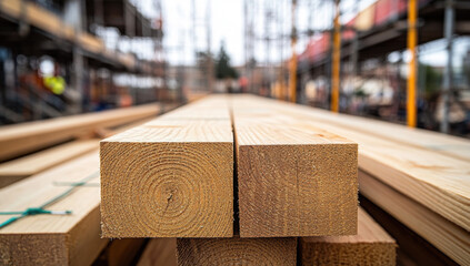 Stacked, light-colored, square-cut wooden planks sit at a construction site. Scaffolding is visible in the blurred background