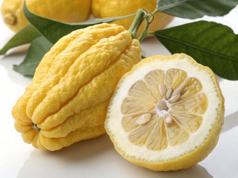 Exploring the unique buddha&rsquo;s hand citron whole and sliced indoor setting food photography detailed view of intricate fingerlike structure