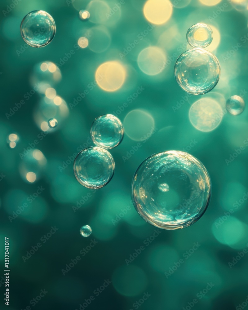Poster floating translucent soap bubbles against a dreamy teal backdrop creating a serene abstract composit