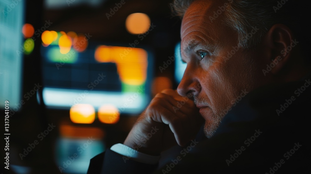 Poster focused stock trader analyzing market trends and data charts