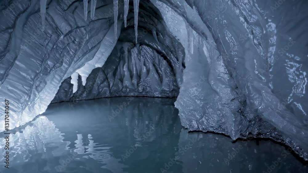 Poster exploring an ice cave with stunning formations and calm waters in a remote location