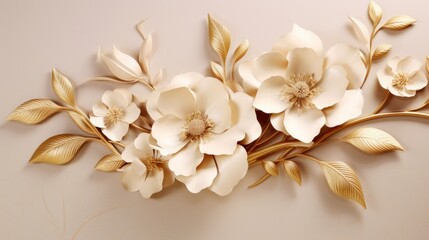 Beautiful 3D Flowers with Stems and Leaves on a Golden Background