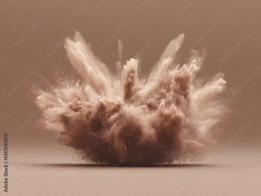 Poster dynamic explosion of fine terracotta powder against a soft monochrome backdrop creating a captivatin