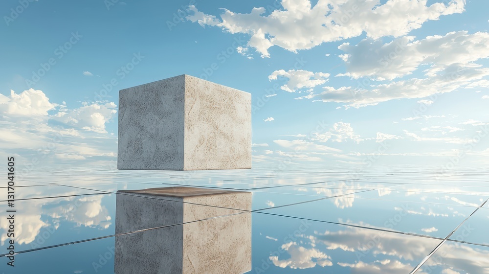 Poster surreal floating cube over reflective surface and sky with clouds