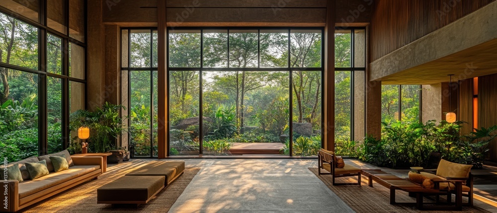Poster serene interior with expansive window offering natural light and lush green forest view creating a p