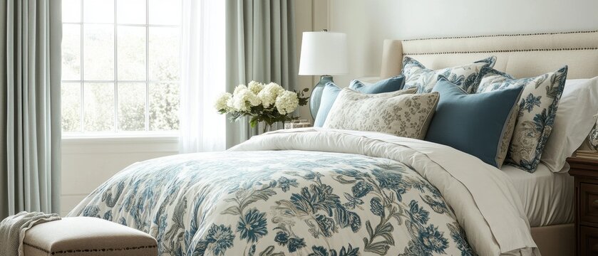 Elegant Floral Bedroom Design with Soft Blue and White Accents