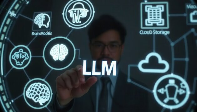 Professional Engaging with Glowing AI Interface in Dark Room, Technology, Interactive Media, Futuristic Concept