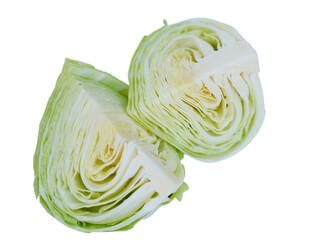 Fototapeta premium A cabbage cut in half, showcasing its fresh green leaves and internal layers, isolated on a plain white background 
