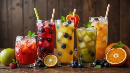 A Variety of Colorful Refreshing Fruit Cocktails with Ice on a Rustic Wooden Table