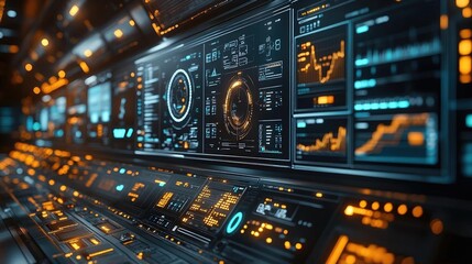 Futuristic control panel displaying data analytics and graphs in a high-tech environment