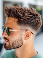Fototapeta premium A man with an elegant hairstyle on the background of a loft-style barbershop . 