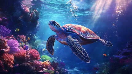 Obraz premium A diver swimming alongside a majestic sea turtle in an underwater paradise filled with coral and sunlight